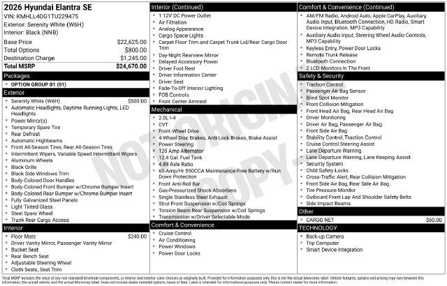 New 2026 Hyundai Elantra SE For Sale in Olive Branch, MS
