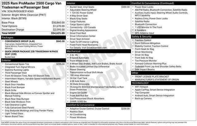2025 Ram ProMaster 2500 Cargo Van Tradesman High Roof 159" WB w/Pass Seat