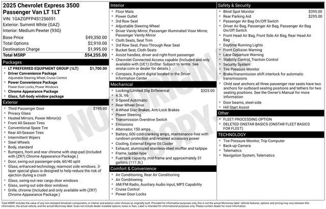 2025 Chevrolet Express Passenger RWD 3500 Extended Wheelbase LT