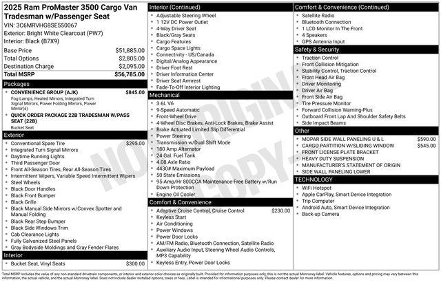 2025 Ram ProMaster Cargo Van Tradesman High Roof 159" WB w/Pass Seat