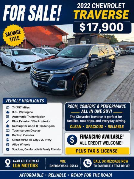2022 Chevrolet Traverse FWD LT Cloth for sale in Perris, CA