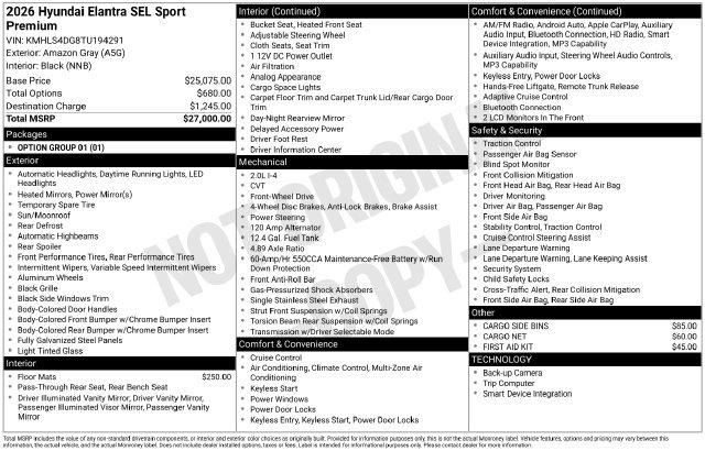 New 2026 Hyundai Elantra SEL Sport Premium For Sale in Olive Branch, MS