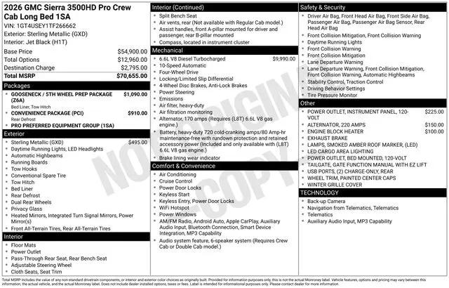 2026 GMC Sierra 3500HD Crew Cab, Long Bed, Pro Dual Rear Wheel, 4WD