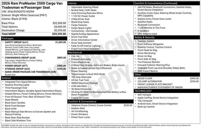 2026 Ram ProMaster 2500 Cargo Van Tradesman High Roof 159" WB w/Pass Seat