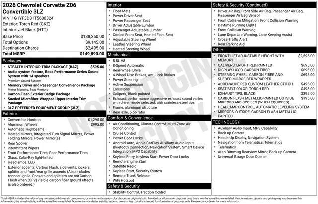 2026 Chevrolet Corvette Z06 Convertible, 3LZ, RWD