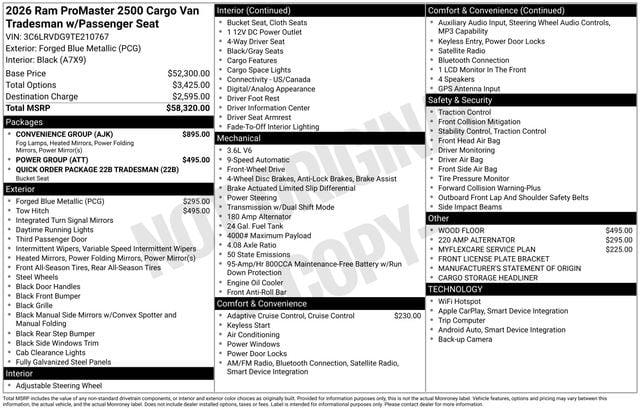 2026 Ram ProMaster 2500 Cargo Van Tradesman High Roof 159" WB w/Pass Seat for sale in Mystic, CT