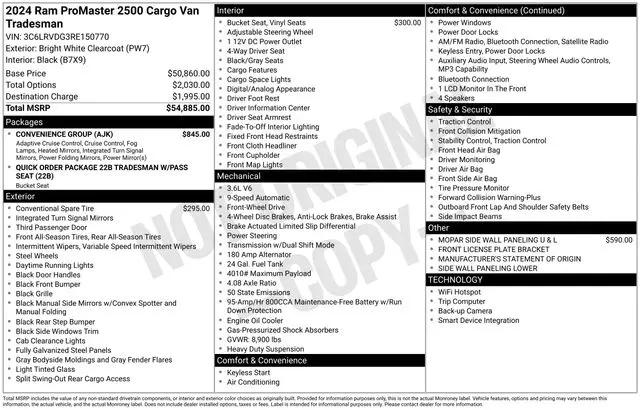 2024 Ram ProMaster 2500 Cargo Van Tradesman High Roof 159" WB w/Pass Seat