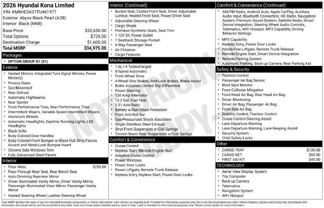 New 2026 Hyundai Kona Limited For Sale in Olive Branch, MS