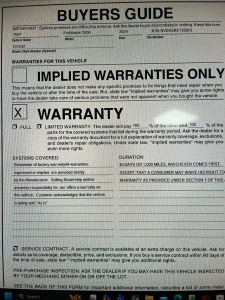 2024 Ram ProMaster 2500 Cargo Van Tradesman High Roof 159" WB w/Pass Seat