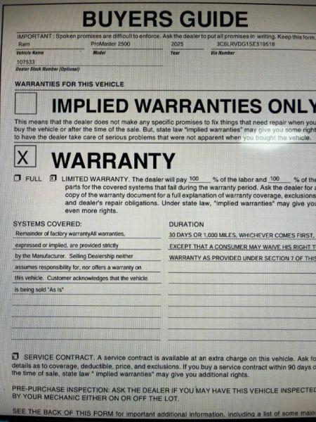 2025 Ram ProMaster 2500 Cargo Van Tradesman High Roof 159" WB w/Pass Seat