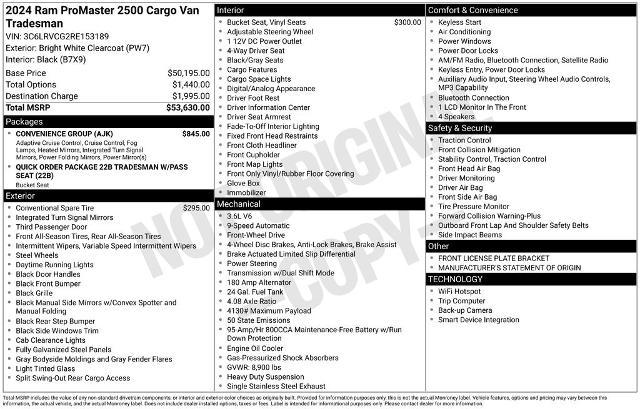 2024 Ram ProMaster 2500 Cargo Van Tradesman High Roof 136" WB w/Pass Seat