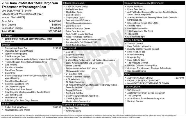 2026 Ram ProMaster Cargo Van Tradesman Low Roof 136 WB w/Pass Seat