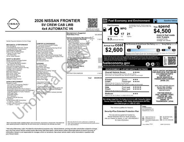2026 Nissan Frontier Crew Cab Long Bed SV 4x4