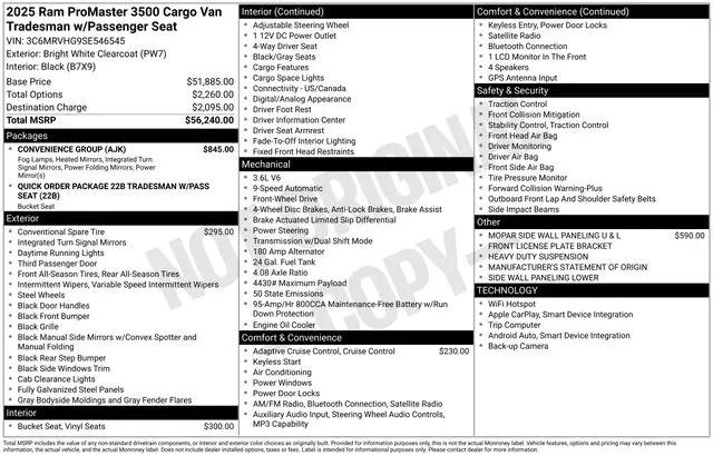 2025 Ram ProMaster Cargo Van Tradesman High Roof 159" WB w/Pass Seat
