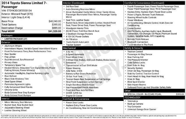 2014 Toyota Sienna XLE 7 Passenger Auto Access Se