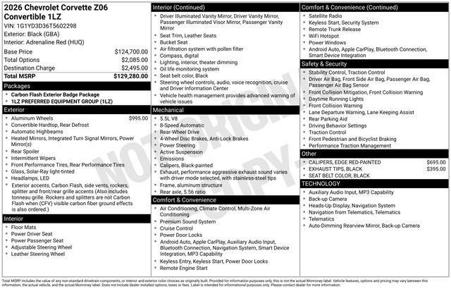 2026 Chevrolet Corvette Z06 Convertible, 1LZ, RWD