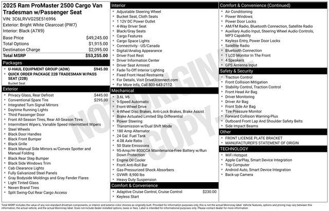 2025 Ram ProMaster 2500 Cargo Van Tradesman Low Roof 136" WB w/Pass Seat