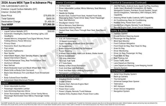 2026 Acura MDX Type S Advance Package