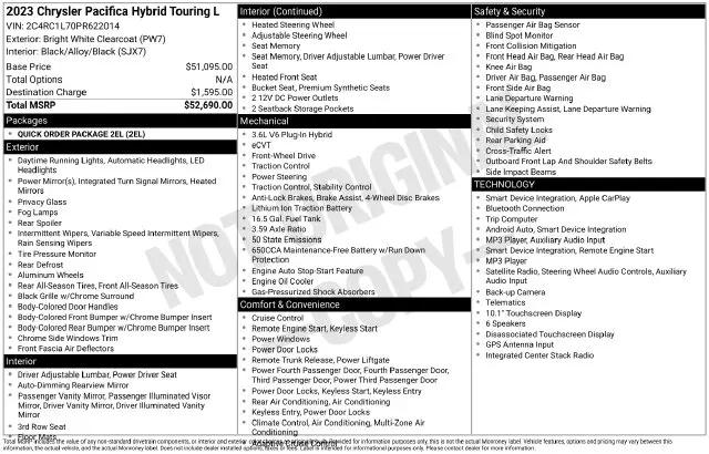 2023 Chrysler Pacifica Hybrid Touring L