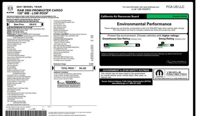 2021 Ram ProMaster Cargo Van Low Roof 136 WB