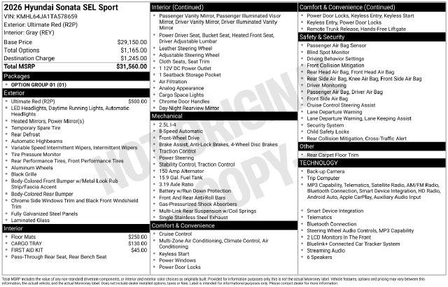 New 2026 Hyundai Sonata SEL Sport For Sale in Olive Branch, MS