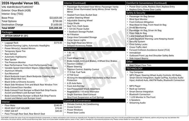 New 2026 Hyundai Venue SEL For Sale in Olive Branch, MS
