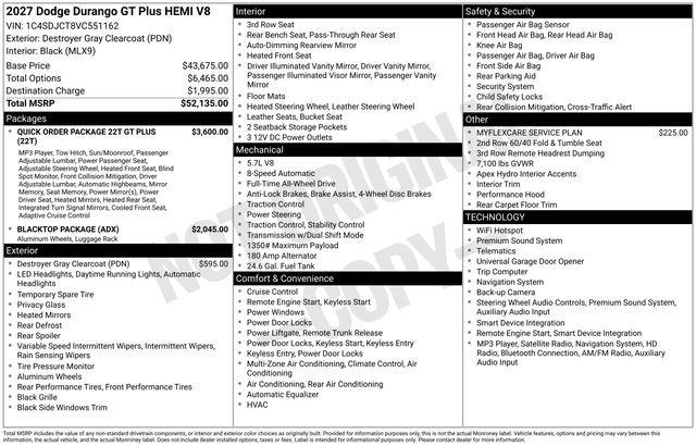 2027 Dodge Durango DURANGO GT HEMI V8 PLUS AWD