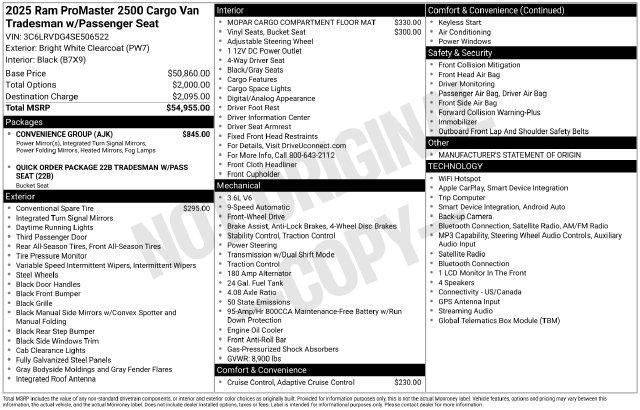 2025 Ram ProMaster 2500 Cargo Van Tradesman High Roof 159 WB w/Pass Seat
