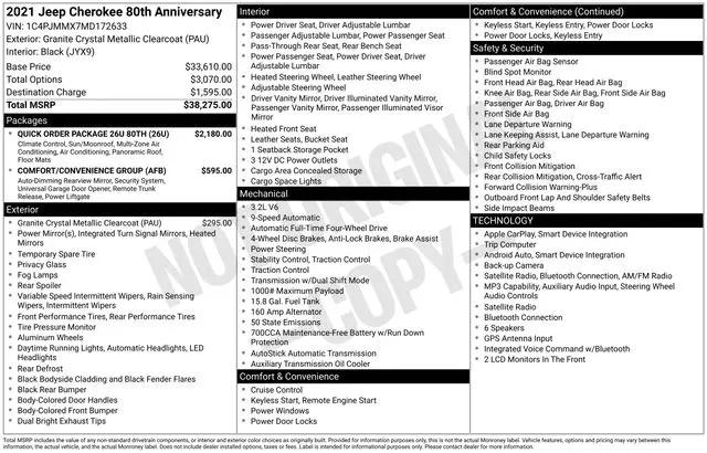 2021 Jeep Cherokee 80th Anniversary 4x4 for sale near Norwalk, OH