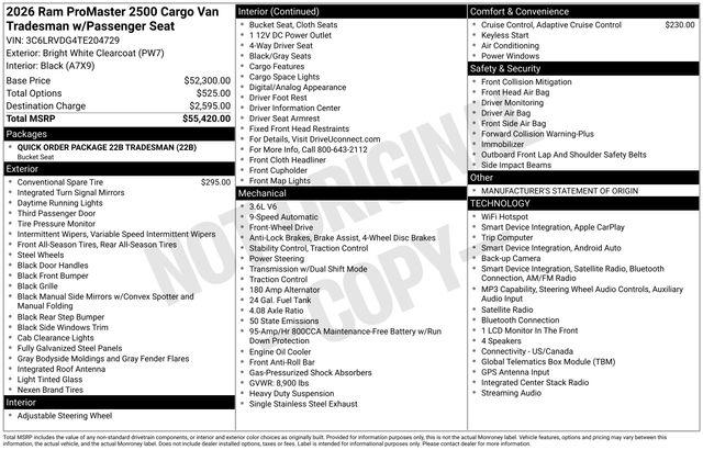 2026 Ram ProMaster 2500 Cargo Van Tradesman High Roof 159 WB w/Pass Seat