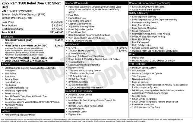 2027 RAM Ram 1500 RAM 1500 REBEL CREW CAB 4X4 57 BOX 2027 RAM Ram 1500 RAM 1500 REBEL CREW CAB 4X4 57 BOX