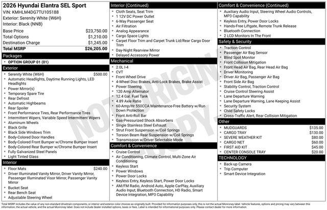 Used 2026 Hyundai Elantra SEL Sport For Sale in Olive Branch, MS