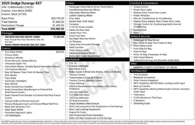 2020 Dodge Durango SXT RWD
