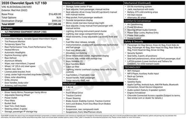 2020 Chevrolet Spark FWD 1LT Automatic for sale near Millersburg, OH
