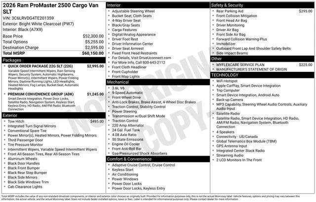 2026 RAM Ram ProMaster RAM PROMASTER 2500 SLT CARGO VAN HIGH ROOF 159 WB
