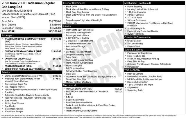 2020 Jeep Ram 2500 Tradesman Regular Cab 4x4 8 Box for sale near Norwalk, OH