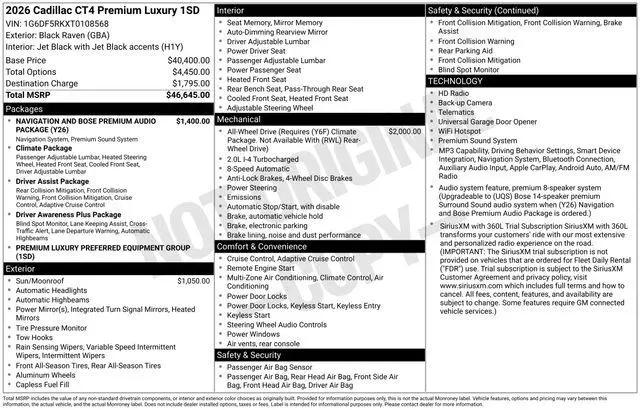 2026 Cadillac CT4 Premium Luxury RWD for sale in Raynham, MA