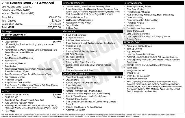 Used 2026 Genesis GV80 2.5T Advanced AWD For Sale in Olive Branch, MS