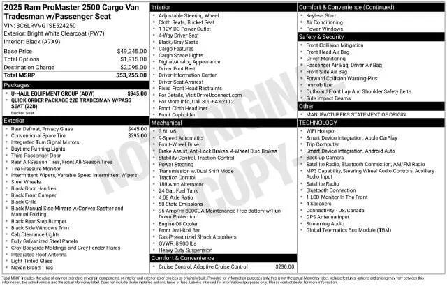 2025 Ram ProMaster 2500 Cargo Van Tradesman Low Roof 136 WB w/Pass Seat