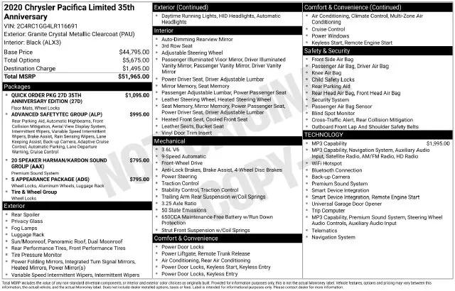 2020 Chrysler Pacifica 35th Anniversary Limited