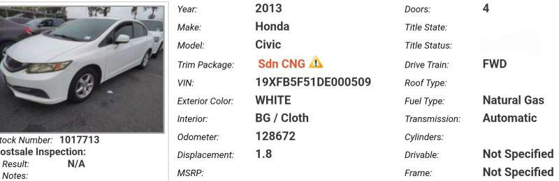 2013 Honda Civic Natural Gas for sale in Carson, CA