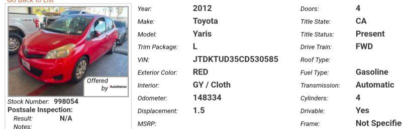 2012 Toyota Yaris L for sale in Carson, CA
